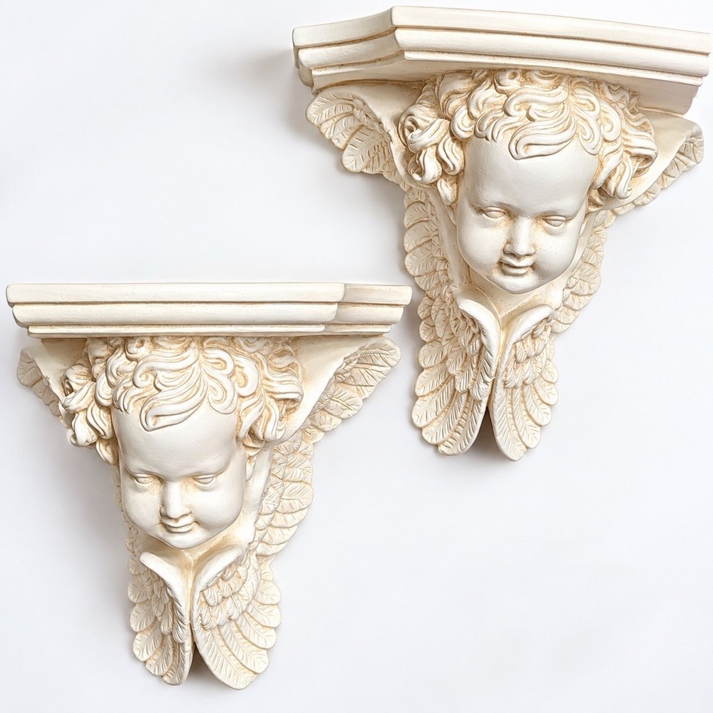Vintage Pair Ceramic Winged Cherubs Angels Cupids Wall Mount Sconces Shelf